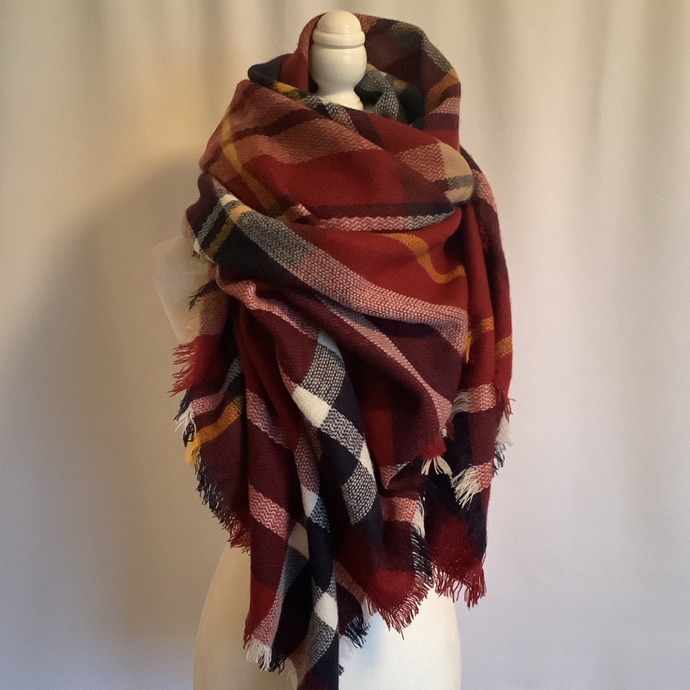 Burgundy Plaid Blanket Scarf